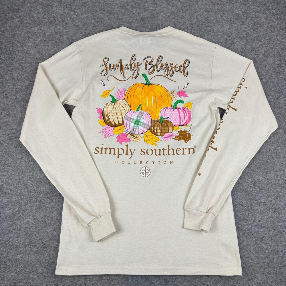 Simply Southern T-Shirt Long Sleeve Simply Blessed Pumpkin Fall Womens Small S